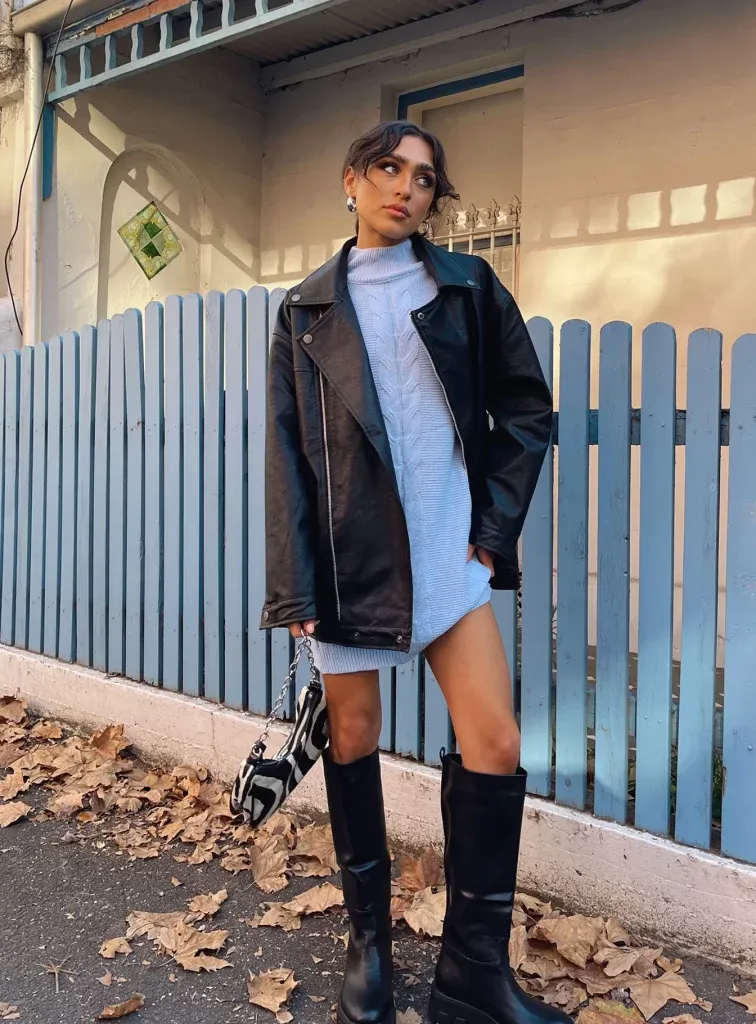 Black Leather Jacket Knit Dress