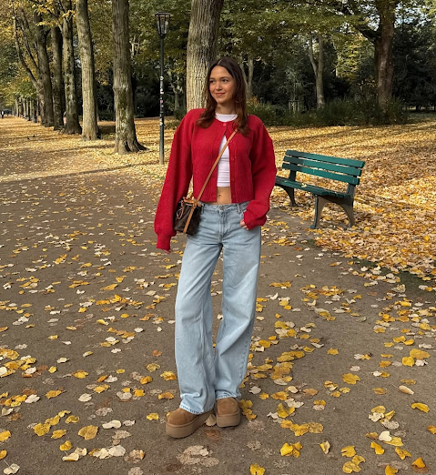 Red Cardigan Wide Leg Denim
