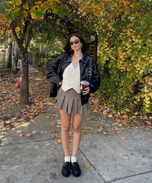 Leather Jacket Pleated Mini