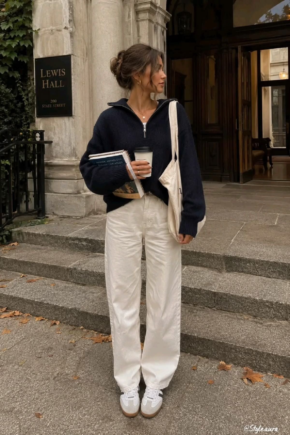 Navy Half Zip White Trousers