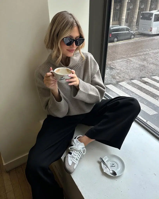 Beige Turtleneck Black Wide Trousers