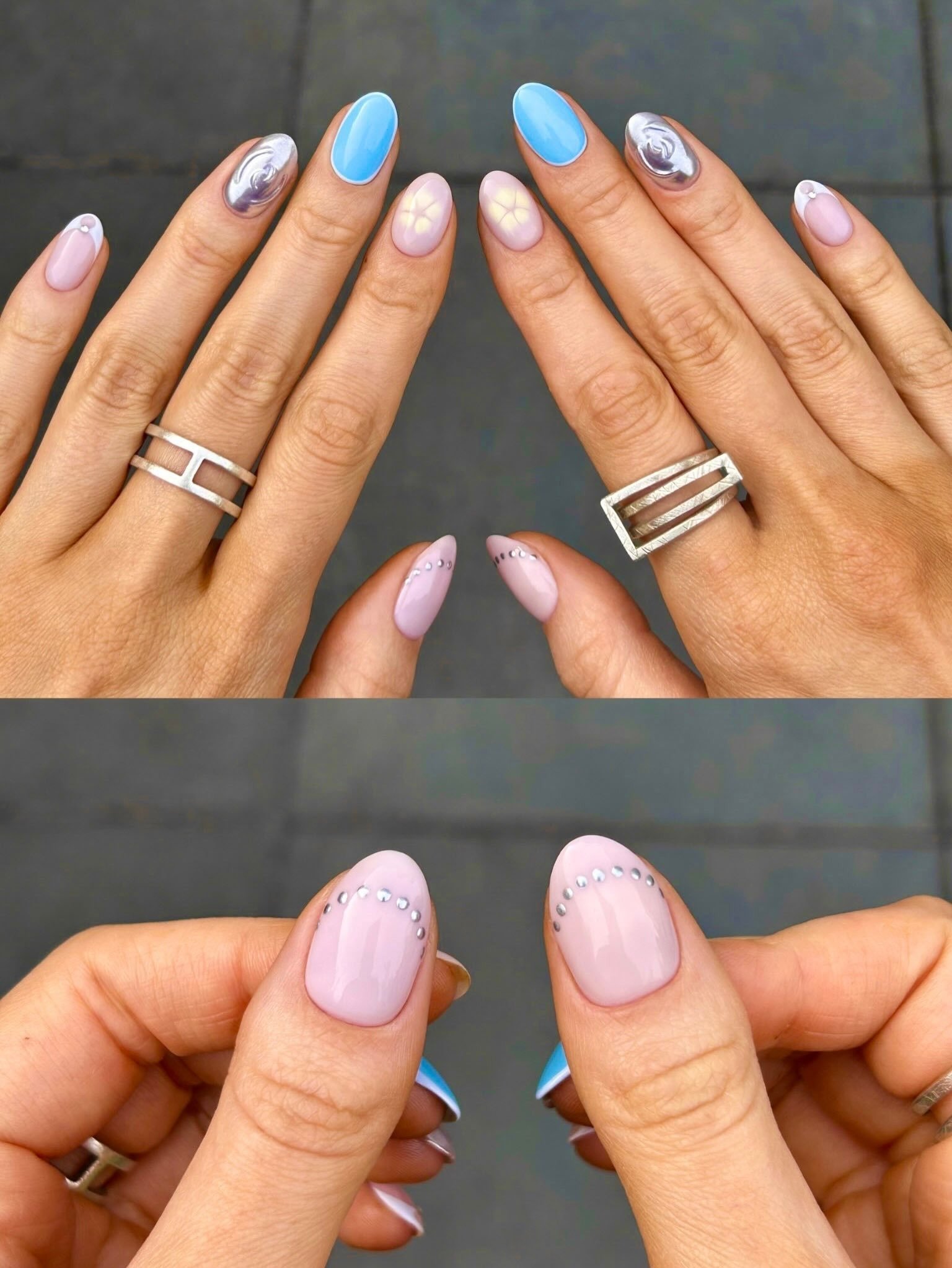 Blue Chrome Flower Dot Nails