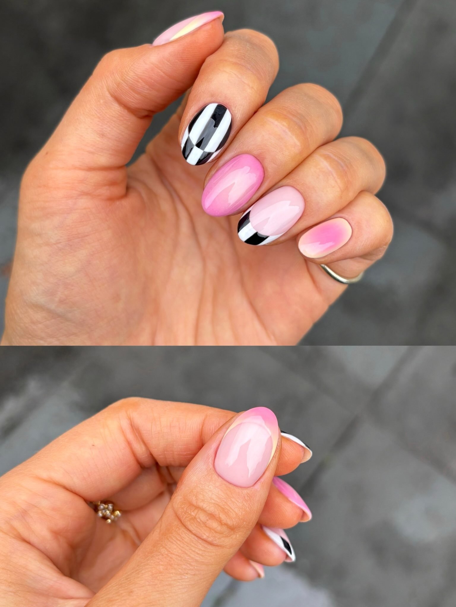 Pink Ombre Black Checker Nails